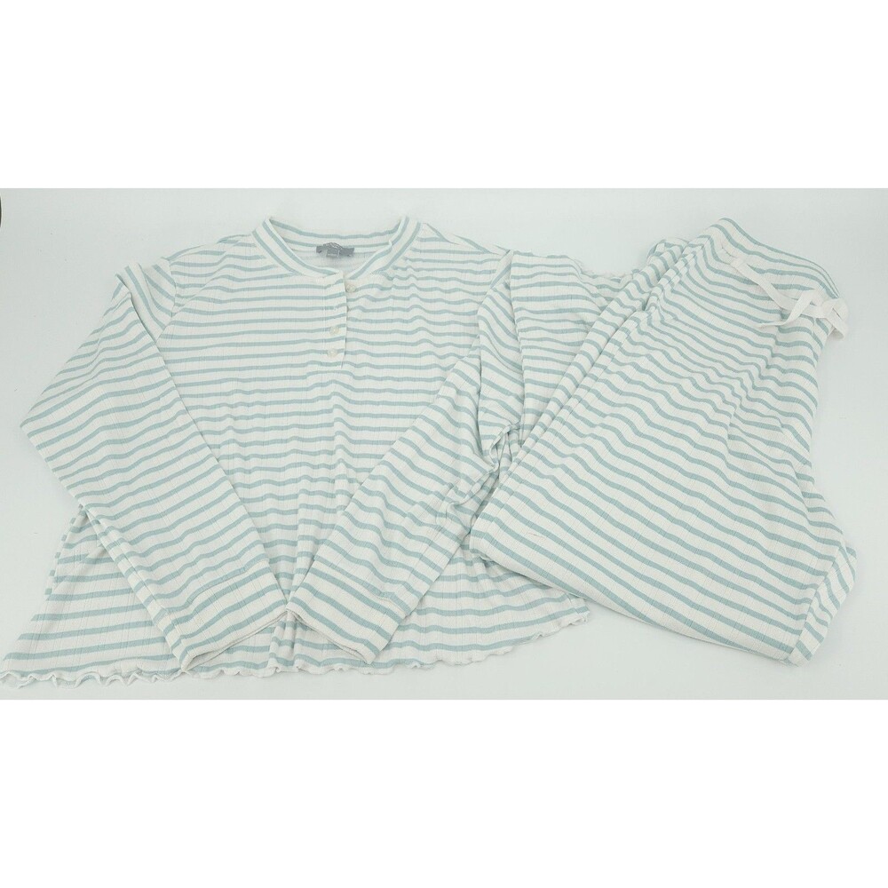 LOFT Sleep Pajama Set Womens XL Mint Green White Striped Ribbed Henley LS